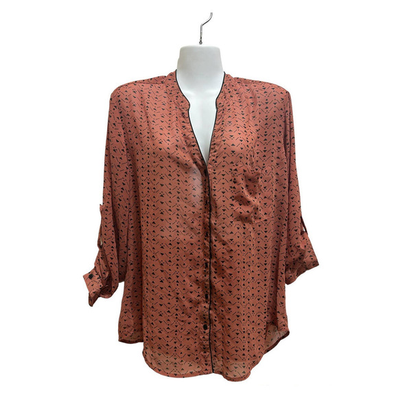 Bar lll Sheer Blouse S Rust Brown Blk Geometric Button Up Shirt Roll Up Sleeves - Picture 1 of 8